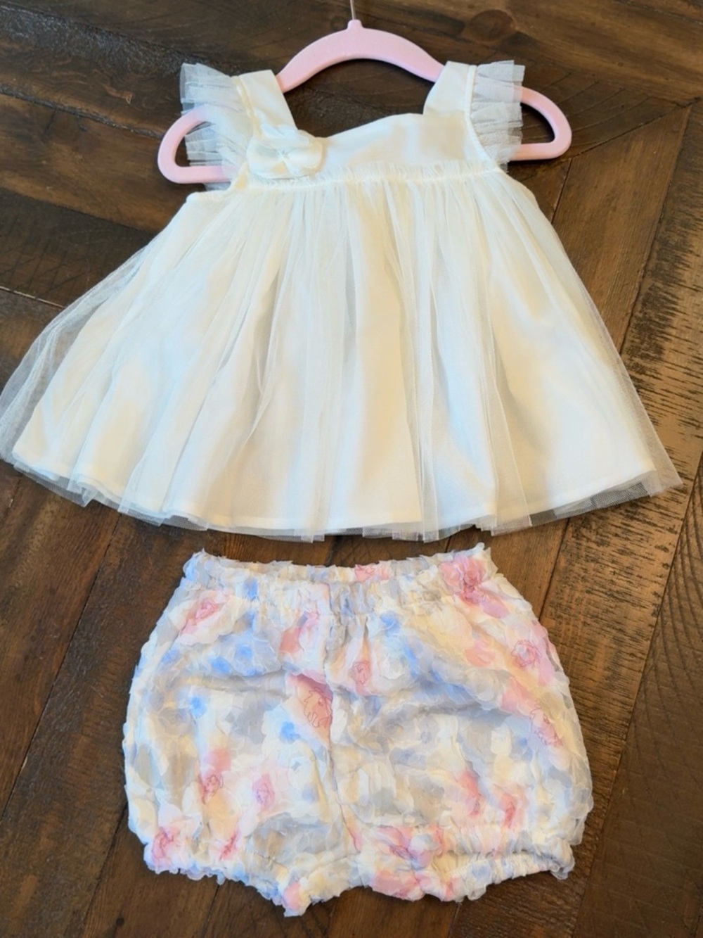 NWT 2pc Baby Girl White Tulle Dress with Pastel Floral Bloomers